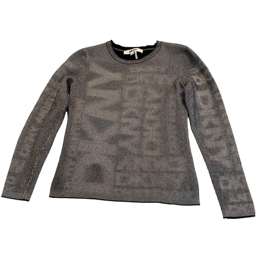 DKNY Women’s Black White Ribbed Knit Sweater Top Size M Logo Lining Cotton Blend